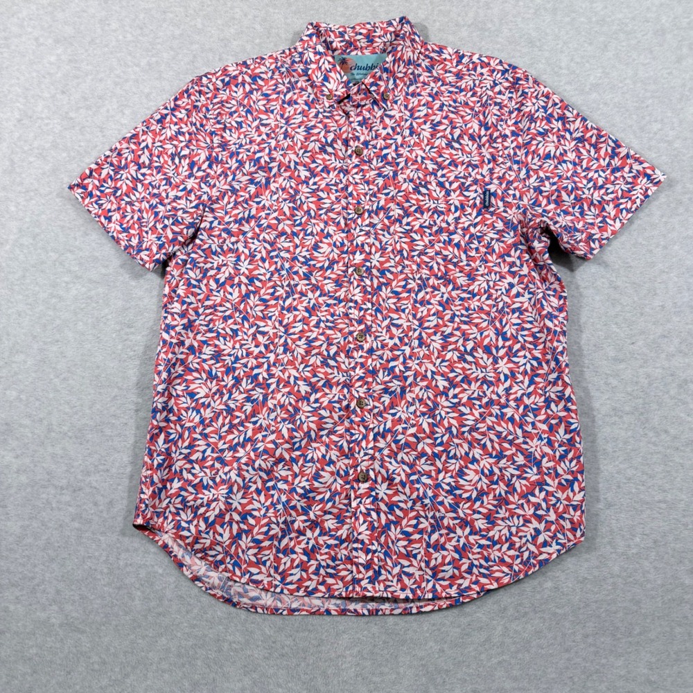 Chubbies Mens Medium Short Sleeve Button Down Shirt‎ Red White Blue Leafy Floral